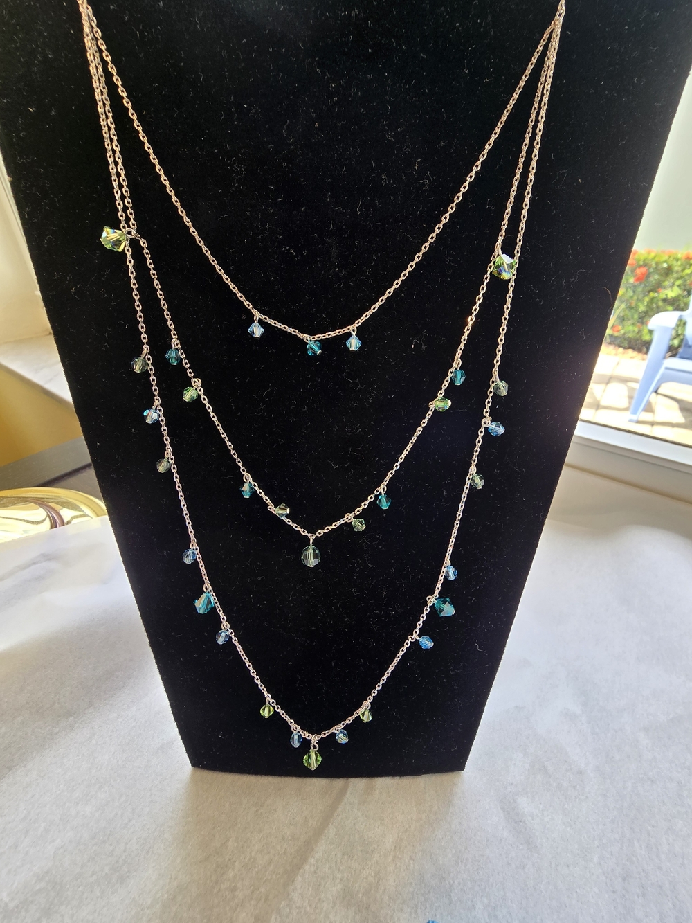 Silver Multi-Strand Necklace with Blue and Green Crystal Drops - Picture 3 of 5